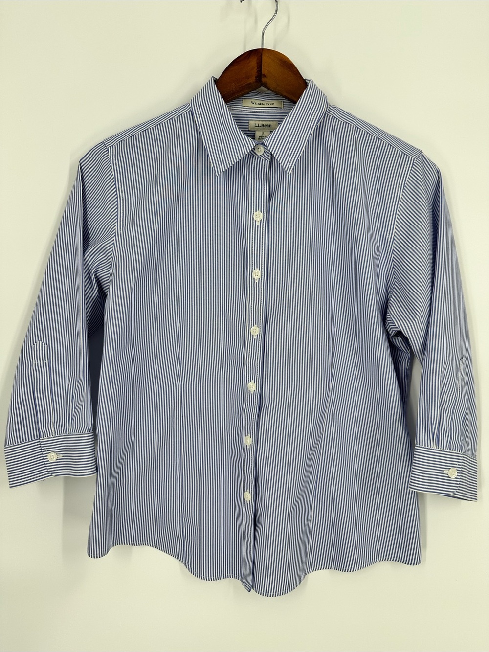 LL BEAN Women Petite Wrinkle Free Classic Blue Strip Button Down 3/4 Sleeves